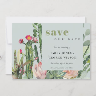 GRAU ROSA BLUMEN WÜSTENKAKTEEN LAUBWERK WASSERFARB SAVE THE DATE