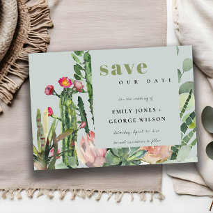 GRAU ROSA BLÜTEN WÜSTENKAKTUS BLATTWERK WASSERFARB SAVE THE DATE