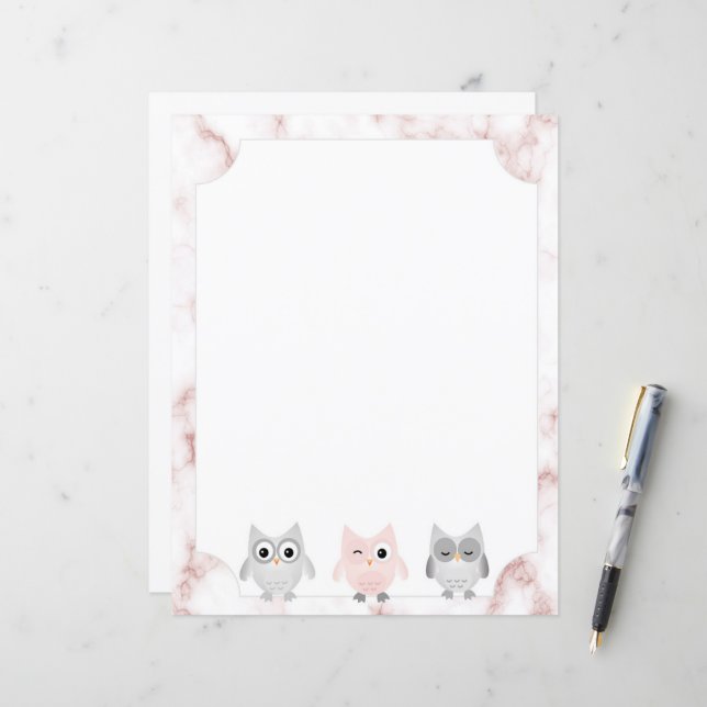Grau & Rosa Owls Rose Gold Marmor Border Paper (Vorderseite/Rückseite Beispiel)