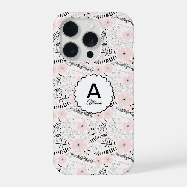 Grau Rosa Whimsical Blumen Monogramm iPhone Hülle (Rückseite)