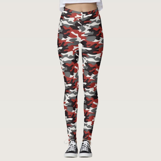 Grau, Rot, Schwarz & Weiß Camouflage Leggings (Vorderseite)