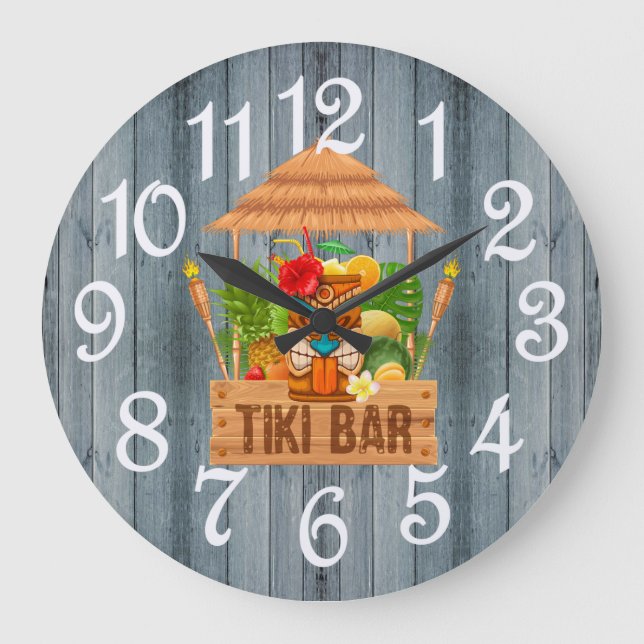 Grau Rustic Tiki Bar Large Clock Große Wanduhr (Vorderseite)