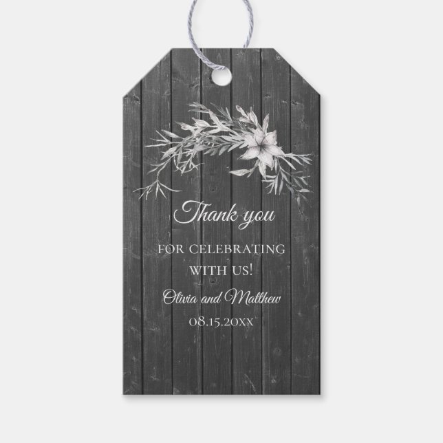 Grau rustikal. Blumenzarte aus Holz Danke Geschenkanhänger (Vorderseite)