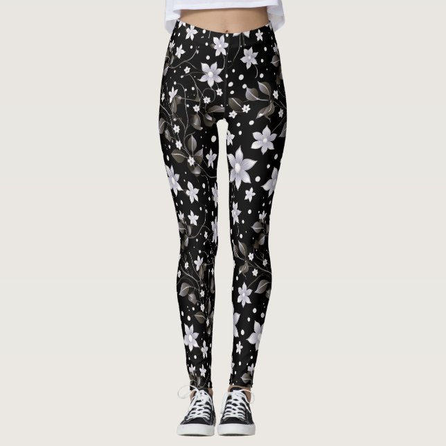 Grau-Schwarz-Blume-Muster Leggings (Vorderseite)
