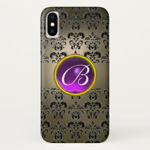 GRAU SCHWARZ-DAMASK LILA GEM MONOGRAM iPhone X HÜLLE
