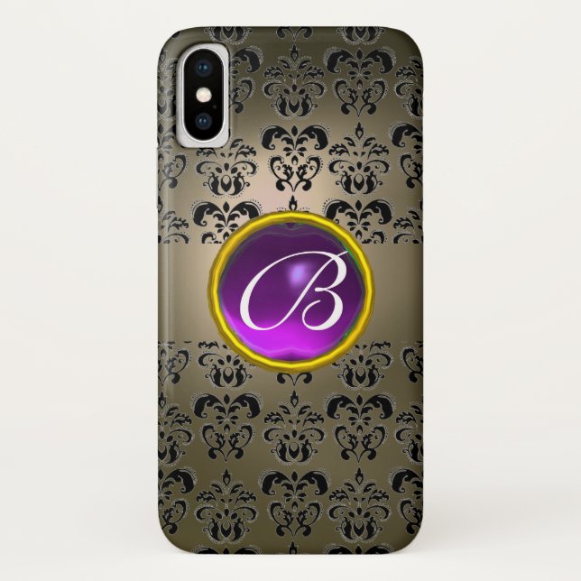 GRAU SCHWARZ-DAMASK LILA GEM MONOGRAM Case-Mate iPhone HÜLLE (Rückseite)
