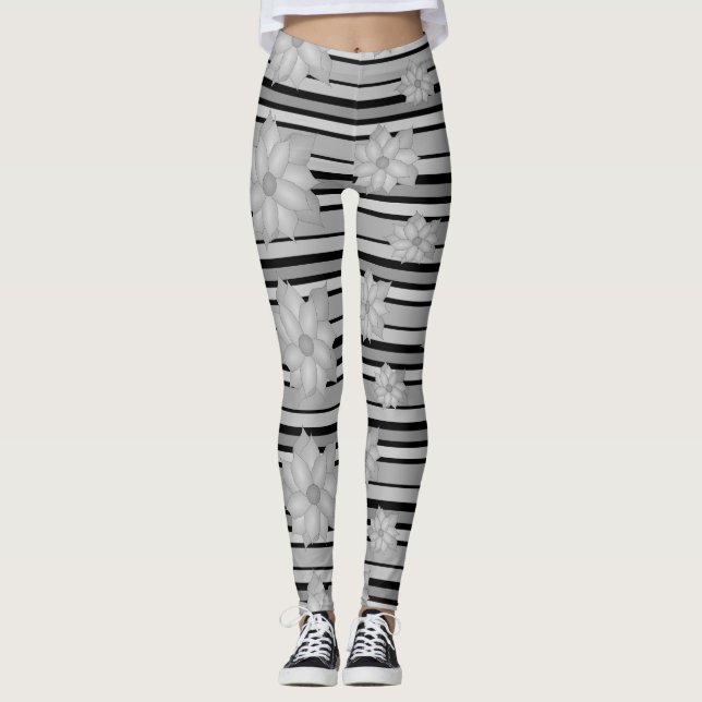 Grau-Schwarz-Floral Stripe Ladys Leggings (Vorderseite)