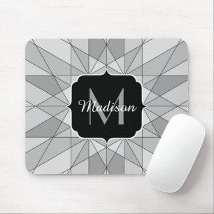 Grau Schwarz Weiß Mosaik Dreieck Muster Monogramm Mousepad