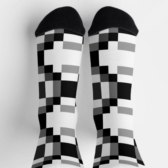 Grau-Schwarz-Weiß-Patchwork Socken (Oben)