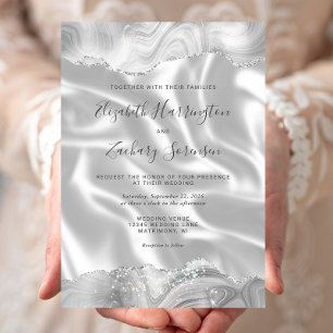 Grau Silber Achat Weiß Seide Hochzeit Einladung