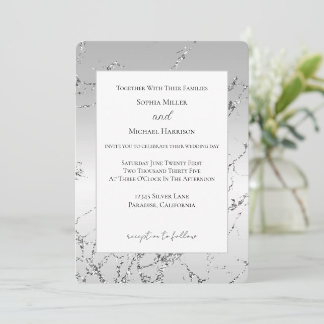 Grau Silber Glitzernd Faux Glitter Hochzeit Einladung (Stehend Vorderseite)