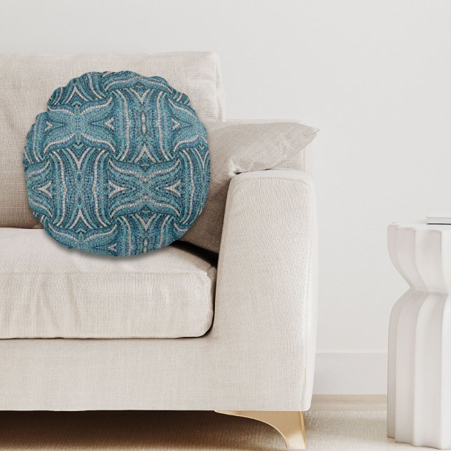 grau-silber türkis aquamarin-blau-bohemian rundes kissen (grey silver turquoise teal blue bohemian round pillow)