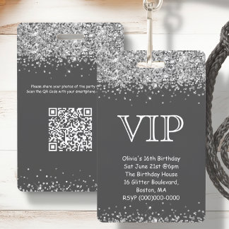 Grau & Silver Glitzer | VIP Einladung zum Geburtst Ausweis