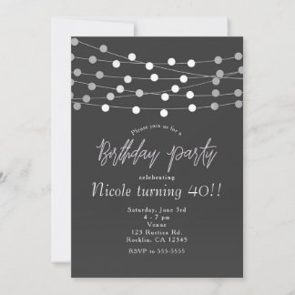 Grau Silver String Lights Moderne Geburtstagsparty Einladung