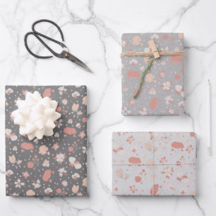 Grau skizzierte Blumen Geschenkpapier Set