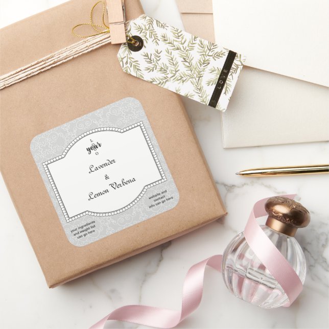 Grau-Spitzen-Damassoap und Kerzensiegel Quadratischer Aufkleber (Schenken)