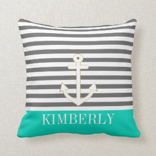 Grau Stripes Seeanker-aquamarines Monogramm Kissen