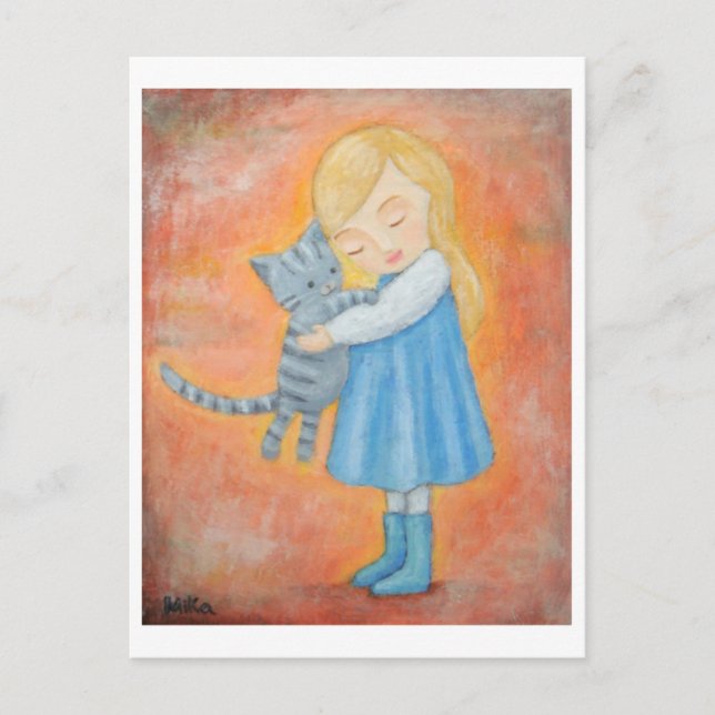 Grau Tabby Cat & Blonde Girl Hug Post Card Postkarte (Vorderseite)