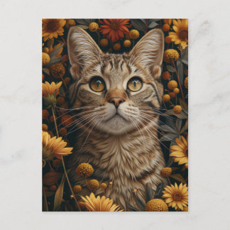 Grau Tabby Katze im Herbst Blume Garten Postkarte