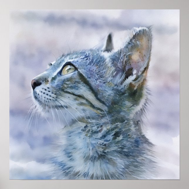Grau Tabby Kitten Profil Wasserfarbe Art Poster (Vorne)