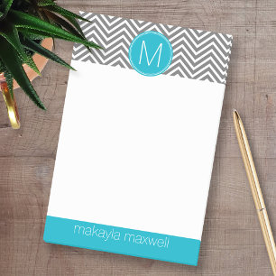 Grau und Aqua Chevrons mit Single Monogram Post-it Klebezettel