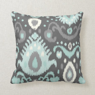 Grau und Aqua Ikat Print Kissen