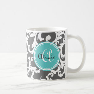 Grau und Aqua Mit Monogramm Damask Print Tasse