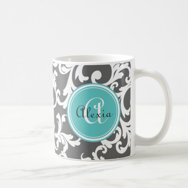 Grau und Aqua Mit Monogramm Damask Print Tasse (Rechts)