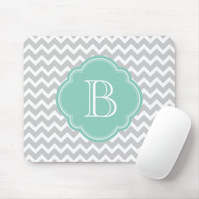 Grau und Aqua Moderne Zickzack Monogramm Mousepad (Mit Mouse)