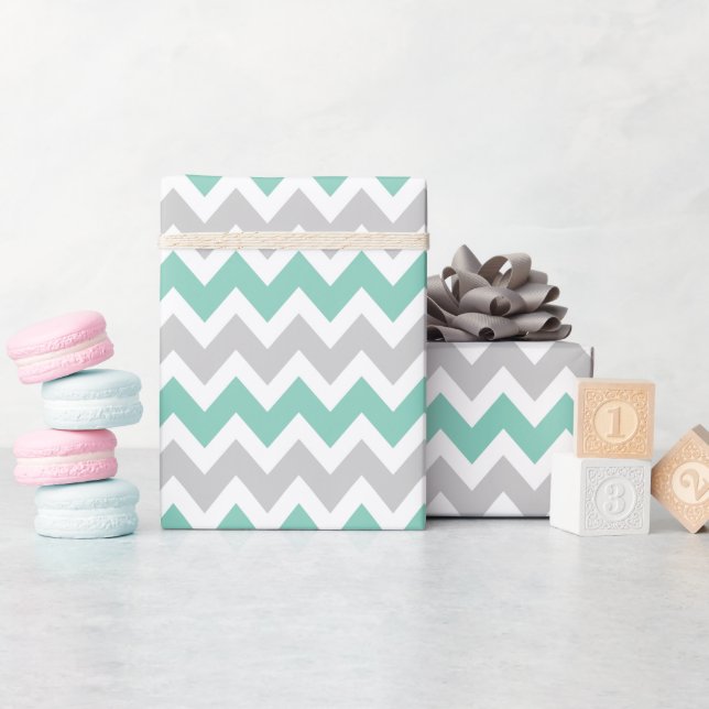 Grau und Aqua Zigzag Zickzack Streifen Geschenkpapier (Babyparty)