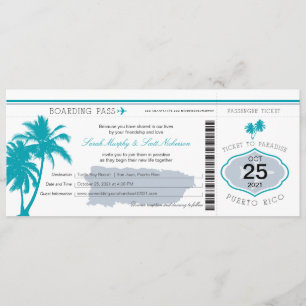 Grau und Aquamarin Puerto Rico Boarding Pass Weddi Einladung