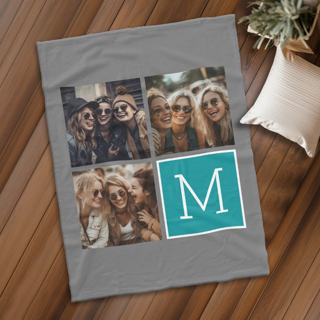 Grau und Aquamarin Square 3 Foto Collage Monogram Fleecedecke (Personalized fleece blanket with 3 photos and custom text - Makes a great Gift)