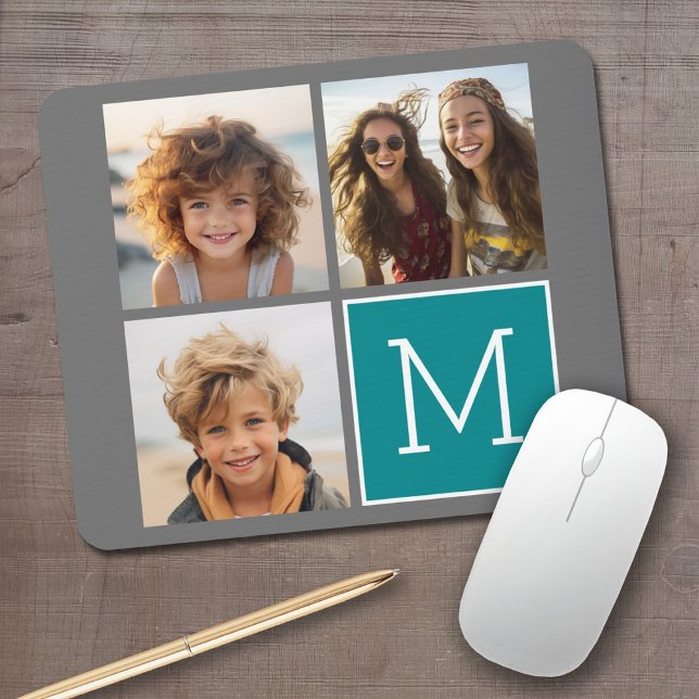 Grau und Aquamarine Instagram-FotoCollage Monogram Mousepad (Personalized mouse pad with your photos and text)
