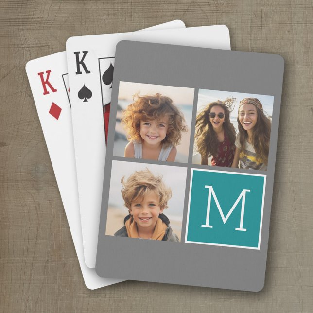Grau und Aquamarine Instagram-FotoCollage Monogram Spielkarten (Personalized playing cards with a fun area to add photos and text such as a name or monogram)