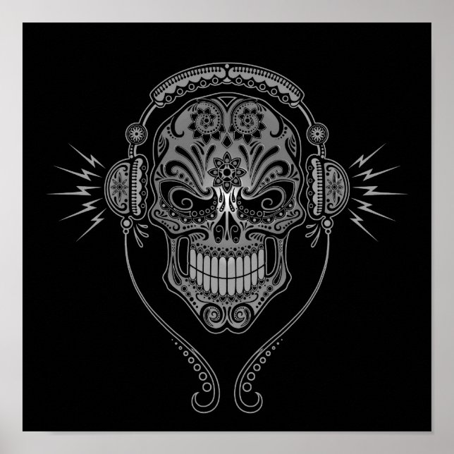 Grau und Black DJ Sugar Skull Poster (Vorne)