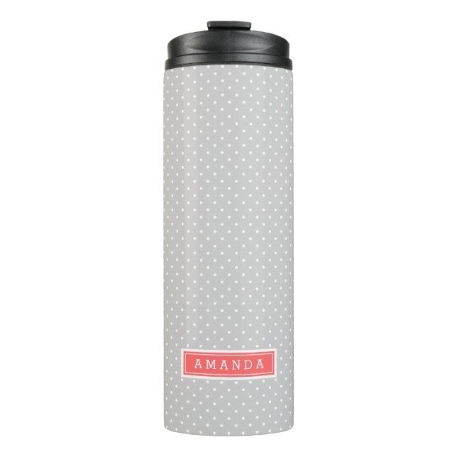 Grau und Coral Tiny Dots Monogram Thermosbecher (Vorderseite)