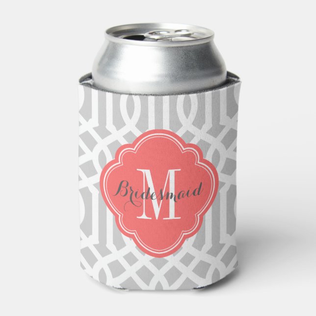Grau und Coral Trellis Monogram Dosenkühler (Kanne Vorderseite)