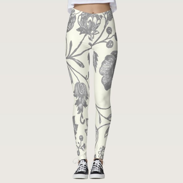 Grau und Elfenbein Vintag Boho Floral Leggings (Vorderseite)