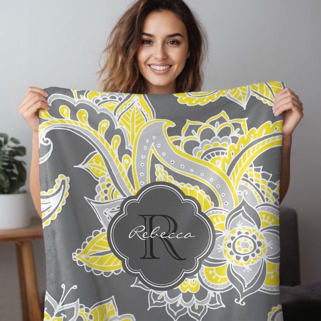 Grau und Gelb Boho Paisley Mit Monogramm Fleecedecke (Von Creator hochgeladen)