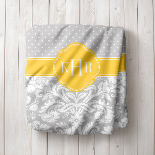 Grau und Gelb Damast Polka Punkte Monogramm Fleecedecke