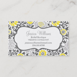 Grau und Gelb Retro Floral Damast Visitenkarte