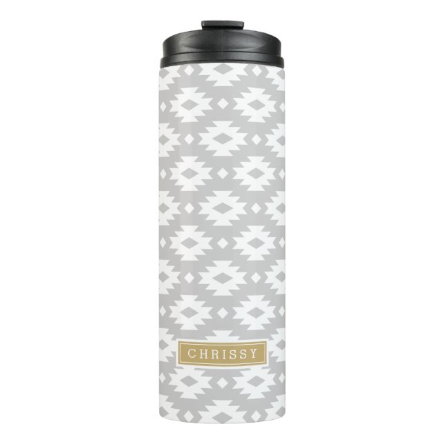 Grau und Gold Aztec Monogram Thermosbecher (Vorderseite)