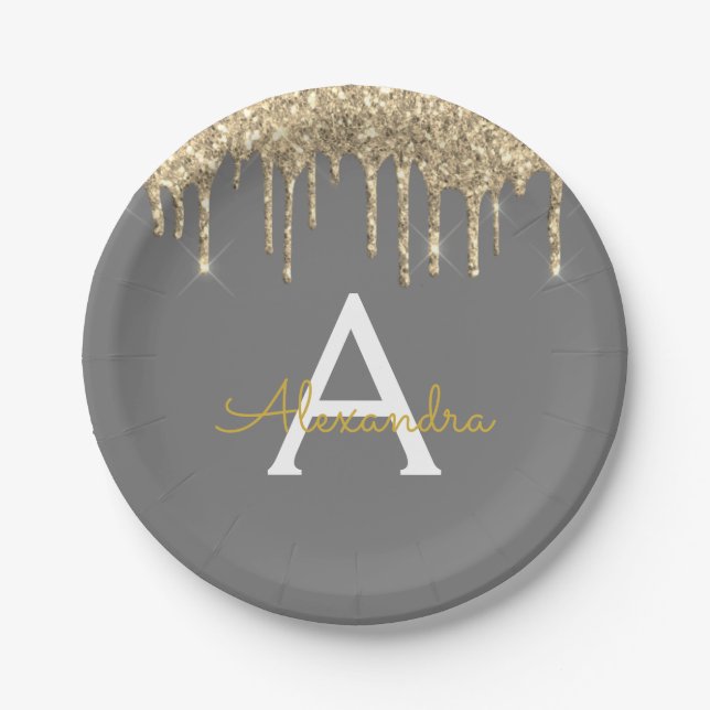Grau und Gold Glitzer Monogram Birthday Pappteller (Vorderseite)