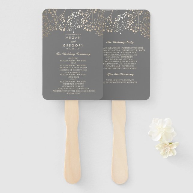 Grau und Gold | Hochzeitsprogramm für Gipskräuter Fächer (Vorne und Hinten)