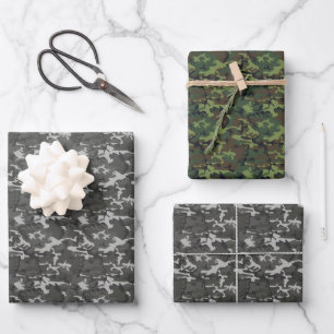 Grau und Grüne Camouflage Geschenkpapier Set