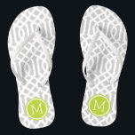 Grau und grüne Trellis Monogram Flip Flops<br><div class="desc">Maßgeschneiderte,  bedruckte Flop-Sandalen mit einem stilvollen,  modernen Trellis-Muster und einem eigenen Monogramm oder einem anderen Text in einem Kreisrahmen. Klicken Sie auf Anpassen,  um Schriftart und Farben zu ändern oder eigene Bilder hinzuzufügen,  um ein einzigartiges Design zu erstellen!</div>