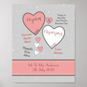 Grau und Korallen mit Herz Hochzeit Poster