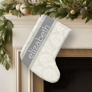 Grau- und Leinen-Vintage-Damaskmuster mit Namen Kleiner Weihnachtsstrumpf