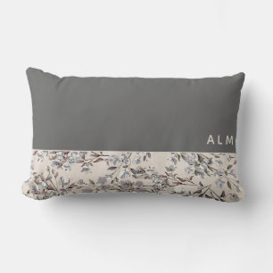 Grau und Linen Beige Floral Monogramm Lendenkissen