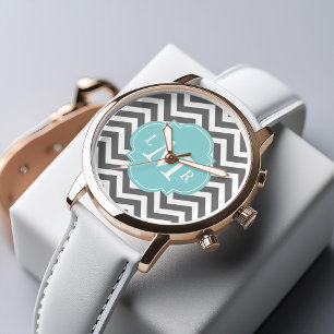 Grau und Mint Zigzags Monogram Armbanduhr